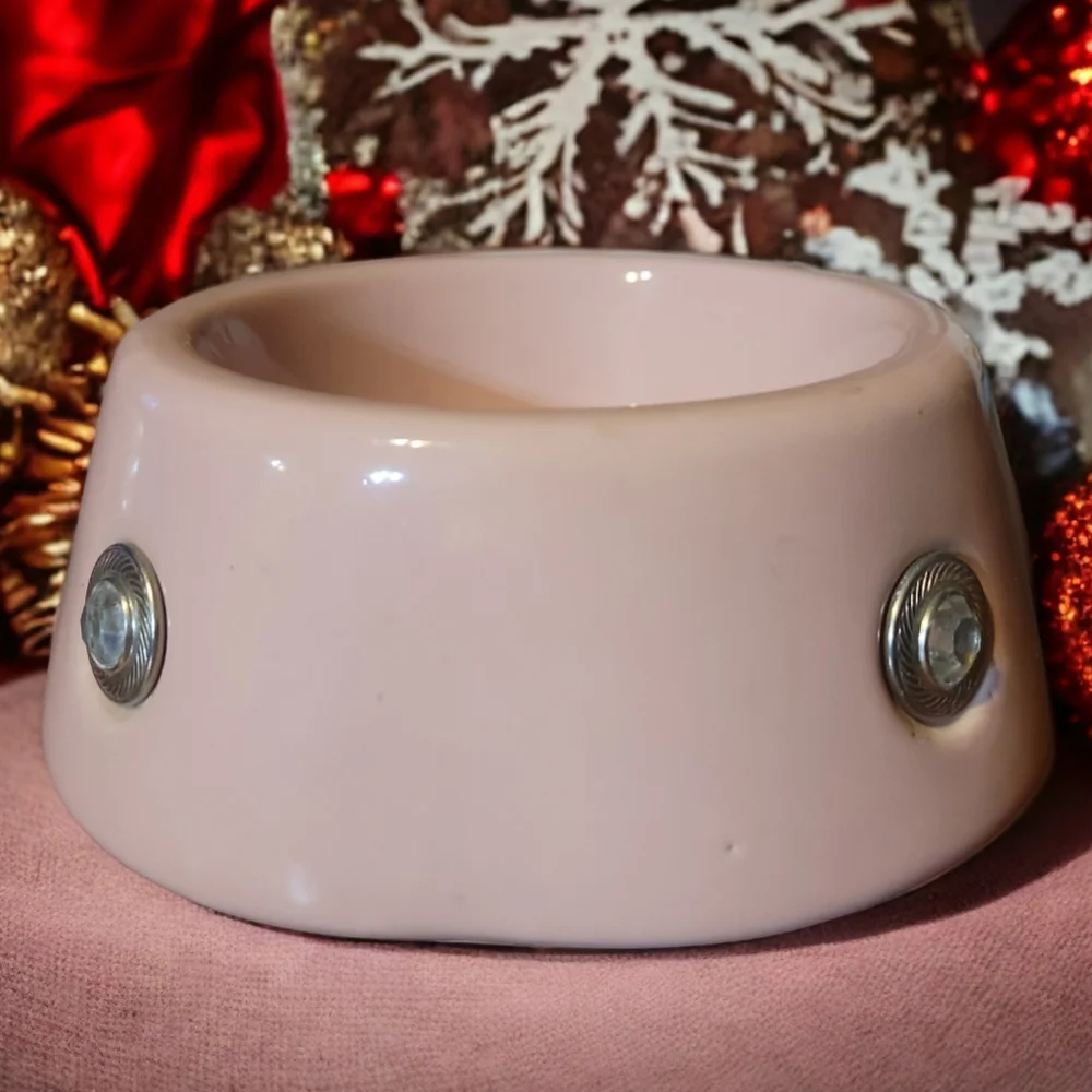 Vtg Pink Cat/Dog Ceramic Concho Rhinestone Boots & Barley No Tip Food Dish Bowl
